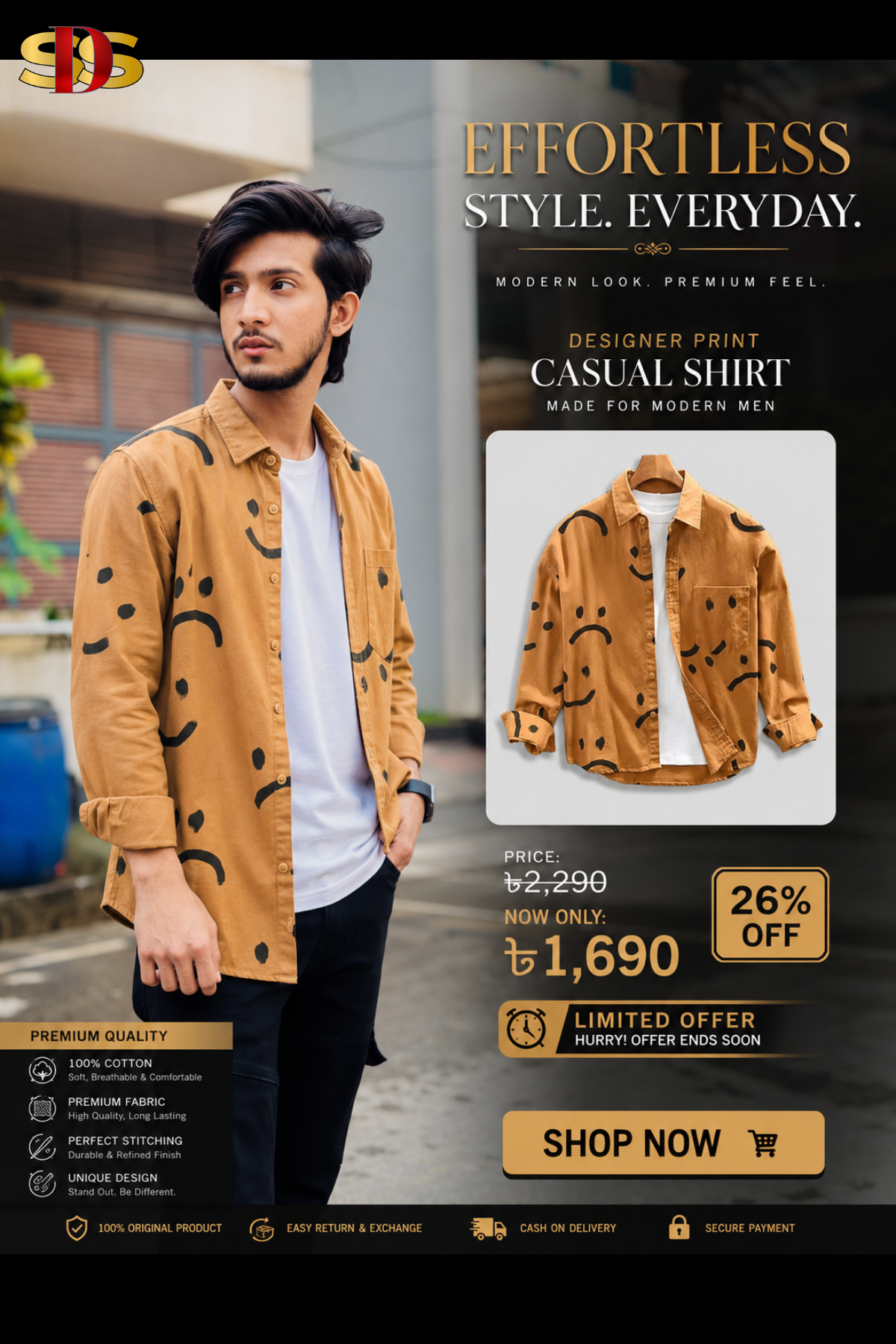 SDS Premium Men's 100% Cotton Casual Shirt - Mustard Sad Face Print